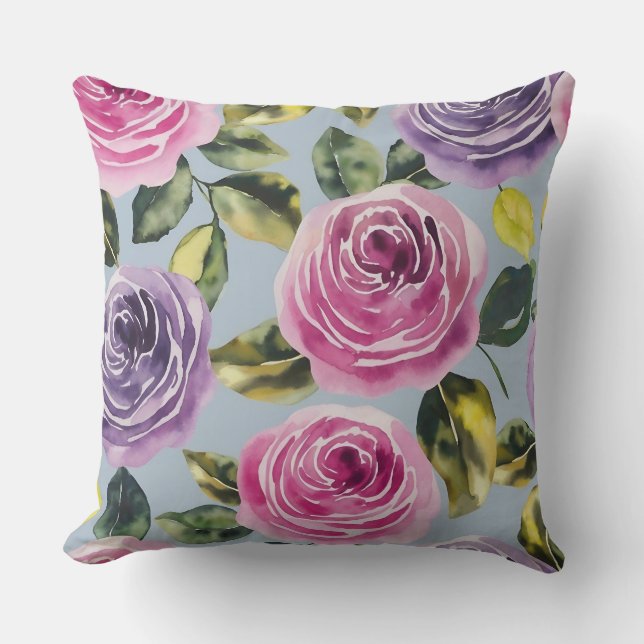 Almofada Elegante Rosa Floral de Aquarela (Frente)