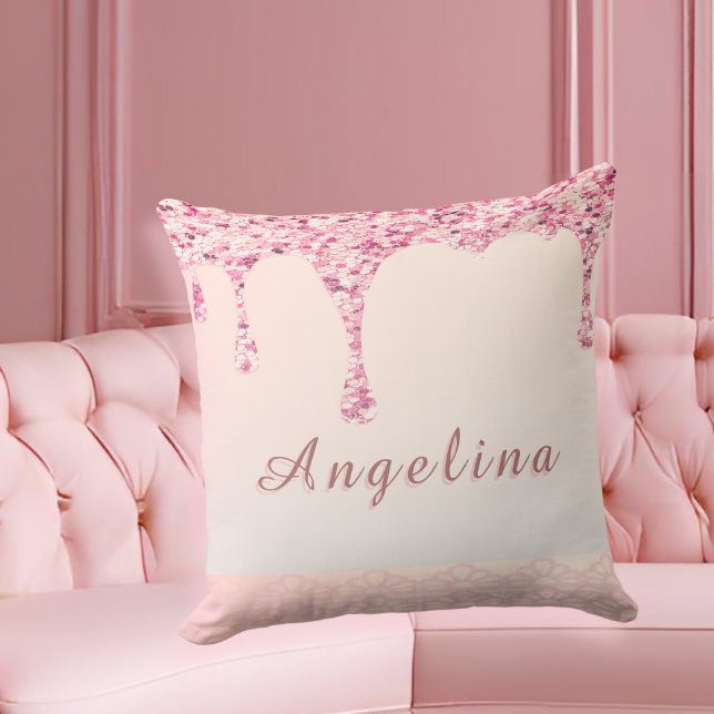 Almofada Elegante Rosa Glam Glitter Drip  (Customize this glam pink pillow for bridesmaids—perfect for bridal shower gifts and lounge decor.)