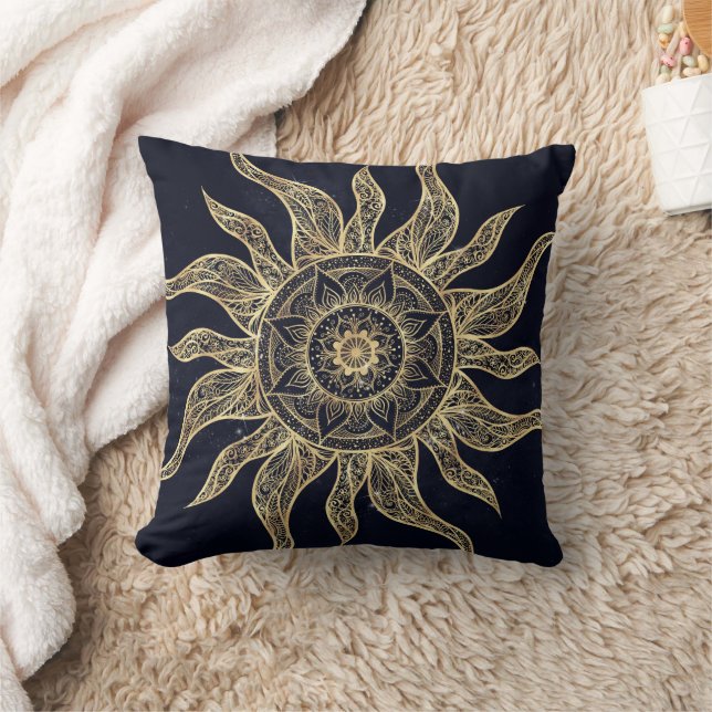Almofada Elegante Sol Dourado Mandala Blue Nebula Design (Cobertor)