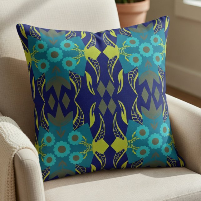 Almofada Elegante Teal e Azul Marinho  (A fun mix of teal, green, and yellow for a fresh look. It's modern yet chic.)
