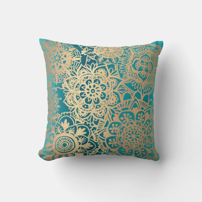 Almofada Elegante Teal Green Dourado Padrão de Mandala (Frente)