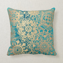 Almofada Elegante Teal Green Dourado Padrão de Mandala