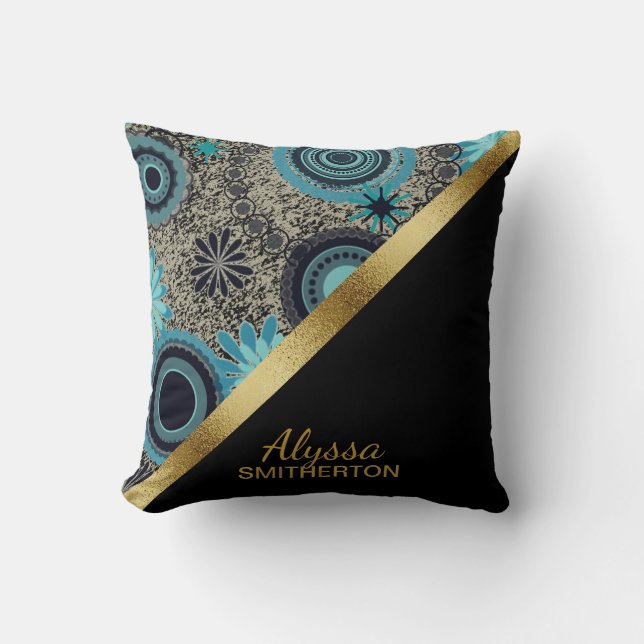 Almofada Elegante Teal Preto Dourado Personalizado (Frente)