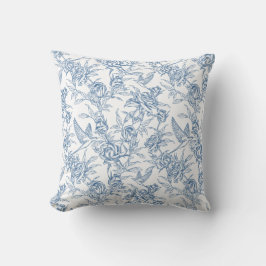 Almofada Elegante Toile de Jouy Floral Azul Vintage Francês