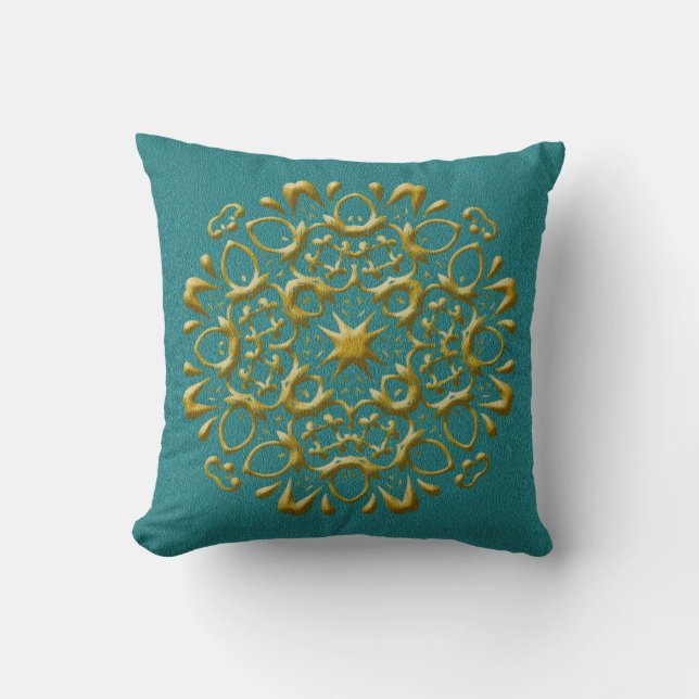 Almofada Elegante Travesseiro Dourado e Azul Turquesa (Frente)