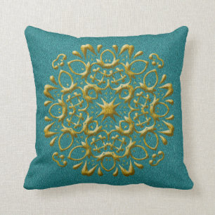 Almofada Elegante Travesseiro Dourado e Azul Turquesa