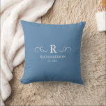 Almofada Elegante Travesseiro Monogramado em Azul Poeirento<br><div class="desc">Traga calor e elegância para a sua casa com esta almofada azul personalizável. Personalize facilmente com o seu monograma,  nome da família e data de fundação,  tornando-a um detalhe significativo para a sua sala de estar,  quarto ou entrada.</div>