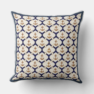 Almofada Elegante Treliça de Âncora Azul Marinho e Dourado