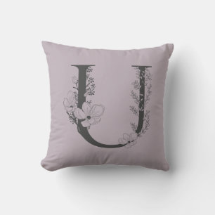 Almofada Elegante U Boho Monograma Floral Cinza Lilac Inici