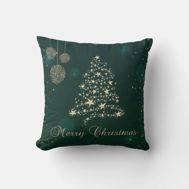 Almofada Elegante Verde, Árvore de Natal Dourada Falsa, Flo (Frente)