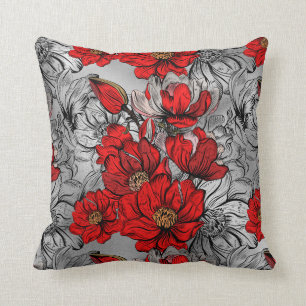 Almofada Elegante Vermelho Rosa com Flor Prateado
