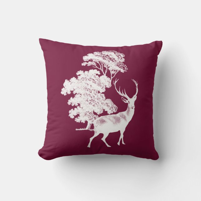 Almofada Elegante Vintage Deer em Woodland Burgundy White (Frente)