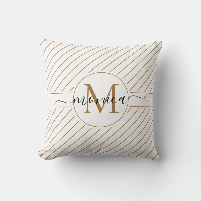 Almofada Elegante White e Dourado Monograma com Stripe (Frente)