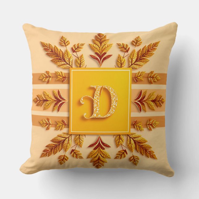 Almofada Elegantes Designs de Monograma com Folhas de Ouro (Frente)