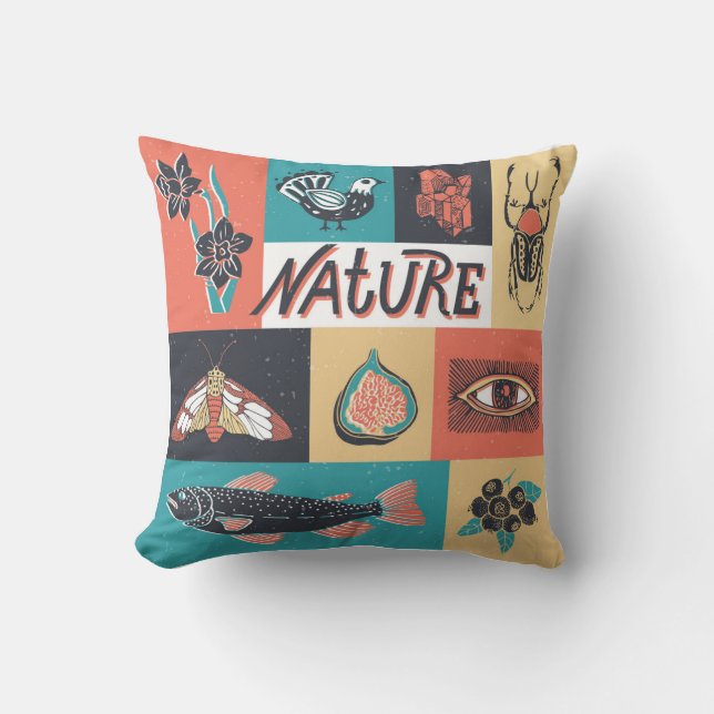 Almofada Elementos Natureza, Ícones de Estilo Retroativo. (Frente)