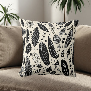 Almofada Elementos Tribais Boho Arte Preto Branco Monocromá