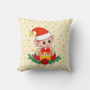 Almofada elfo de Natal, pinheiro, poinsétia e estrelas em m