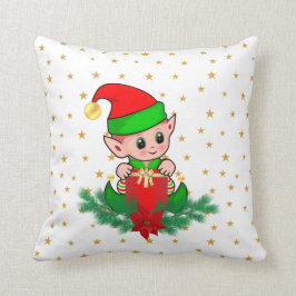 Almofada elfo de Natal, pinheiro, poinsétia & estrelas