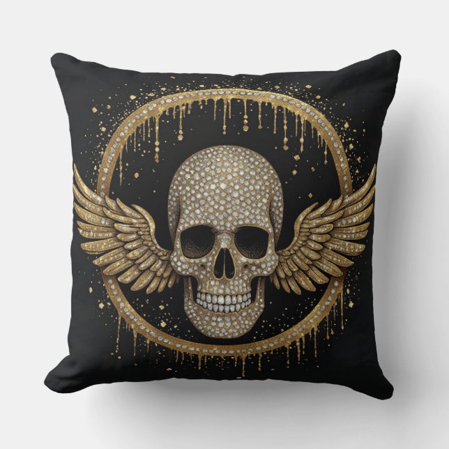 Almofada ☠️ Emblema de Caveira com Auréola Dourada para Pre (Frente)