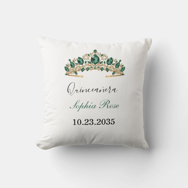 Almofada Emerald Green Gold Tiara Quinceañera Pillow (Frente)