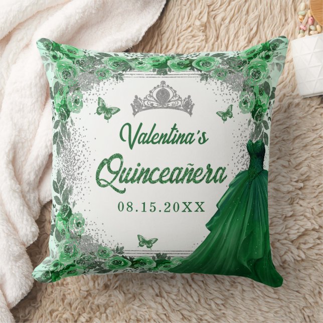 Almofada Emerald Green Silver Glitter Floral Quinceanera (Cobertor)
