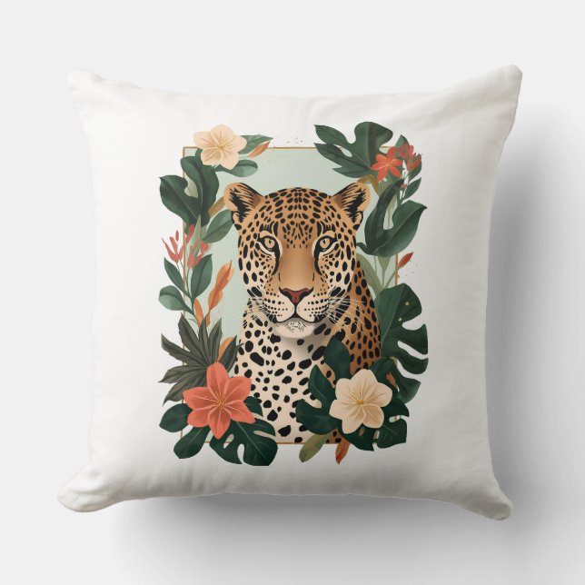 Almofada Emerald Jaguar Tropical Botanical Throw Pillow (Frente)