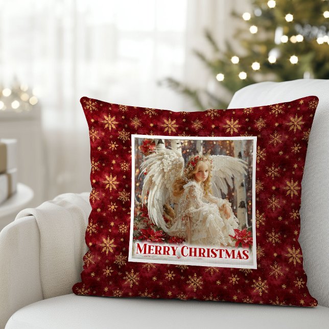 Almofada Encantador Anjo Vitoriano Natal Acento Dourado Ver (Charming Victorian Angel Red Gold Accent Christmas Pillow

)
