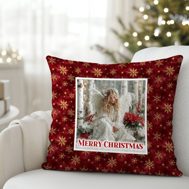 Almofada Enfeitiçando Anjo de Natal Vitoriano Vermelho e Do (Enchanting Red and Gold Victorian Angel Christmas Pillow)