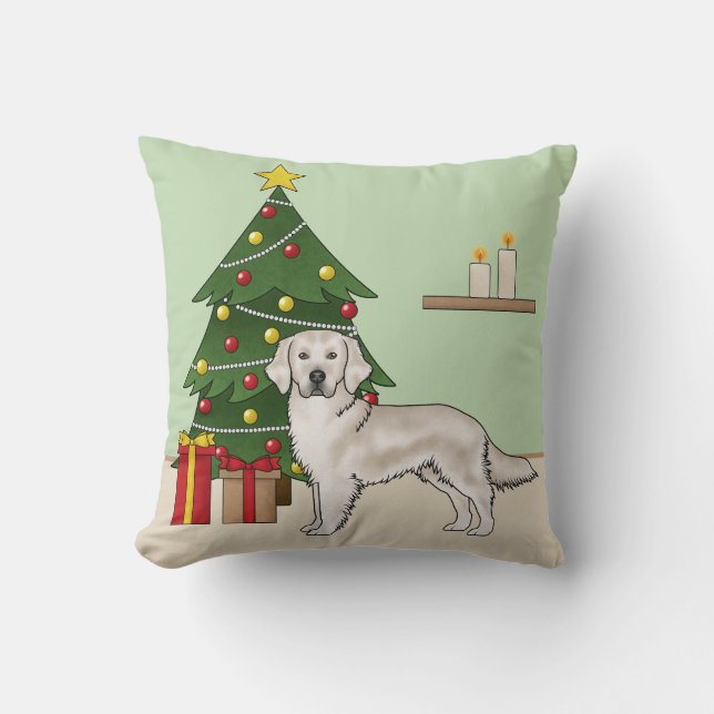Almofada English Cream Golden Retriever Com Árvore de Natal (Frente)