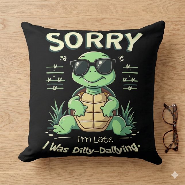 Almofada Engraçado, desculpe por estar atrasado com estétic (Funny Sorry I’m Late Turtle with Retro Aesthetic Throw Pillow Mockup C)