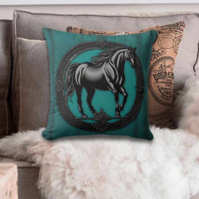 Almofada Equídeos Equestres Equestres do País Ocidental (Rustic Western Country Teal black horse throw pillow)