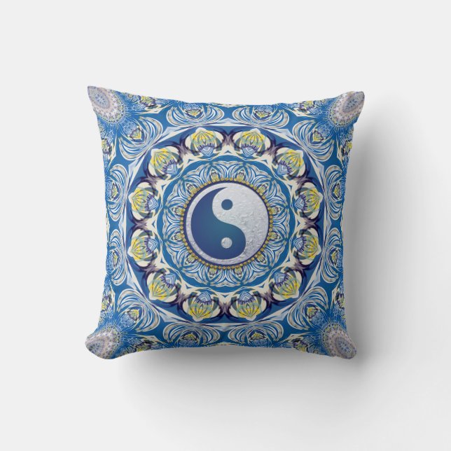 Almofada Equilíbrio Yin Yang Vida Azul Amarelo Mandala (Frente)