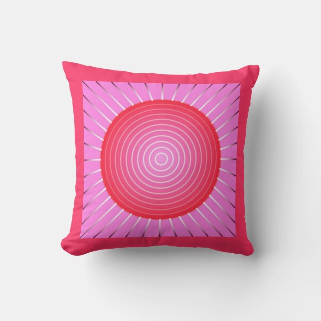 Almofada Erupção solar abstrata em coral, rosa e prata (Frente)