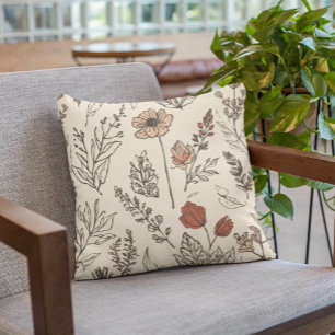 Almofada Esboço Botânico Vintage de Flores Silvestres Rústi