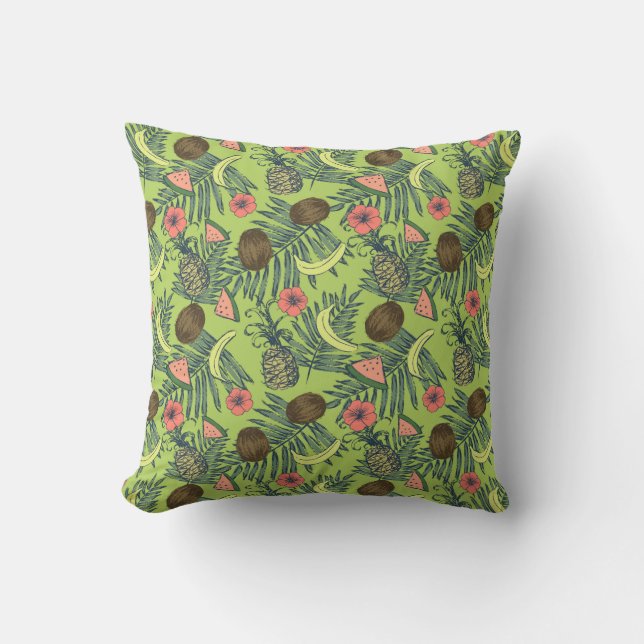 Almofada Esboço da fruta tropical no teste padrão verde (Frente)