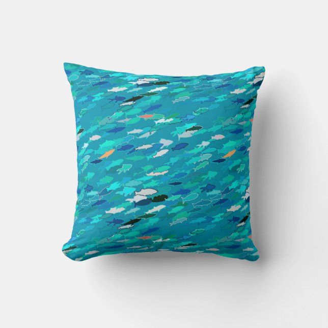 Almofada Escola de Peixes, Turquesa, Azul e Aqua (Frente)