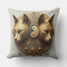 Escultura Yin Yang de Gato Gêmeo Dourado