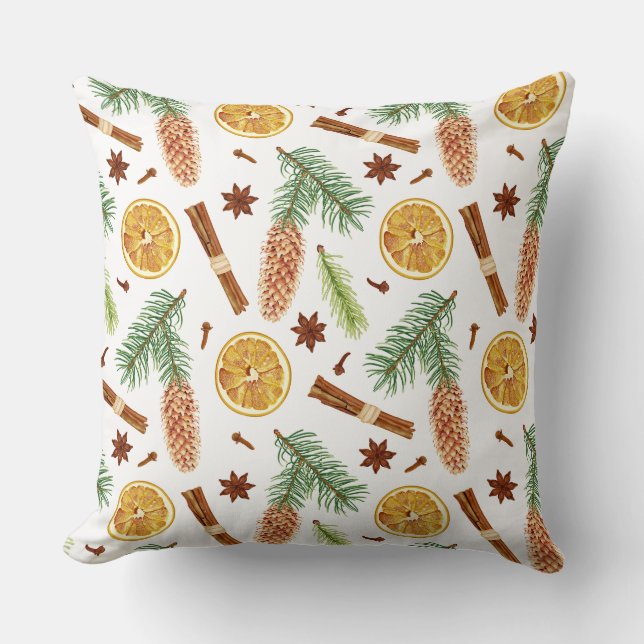 Almofada Espice Festiva Padrão Verde de inverno Laranja (Frente)