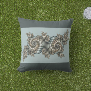 Almofada Espirais de Arte Fractal Azul-abstrato Beige