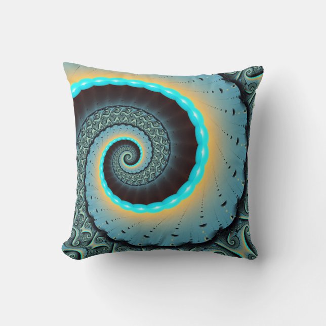 Almofada Espiral de Arte Fractal Laranja abstrato azul Turq (Frente)
