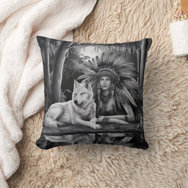 Almofada Espírito da Selvagem: Mulher Indiana e Lobo (Cobertor)