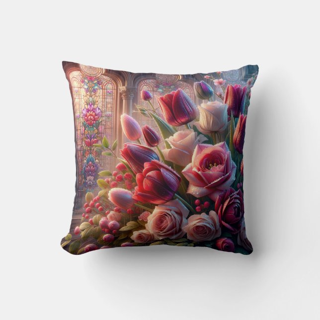 Almofada "Esplendor De Vidro Espancado: Buquê De Rosas Com  (Frente)