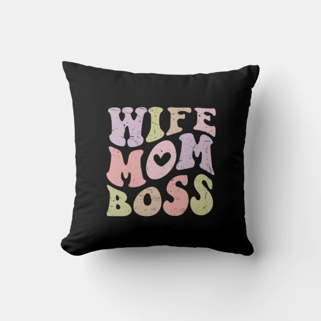 Almofada Esposa Mãe Chefe Retrô Groovy Dia das Mães Preto (Frente)
