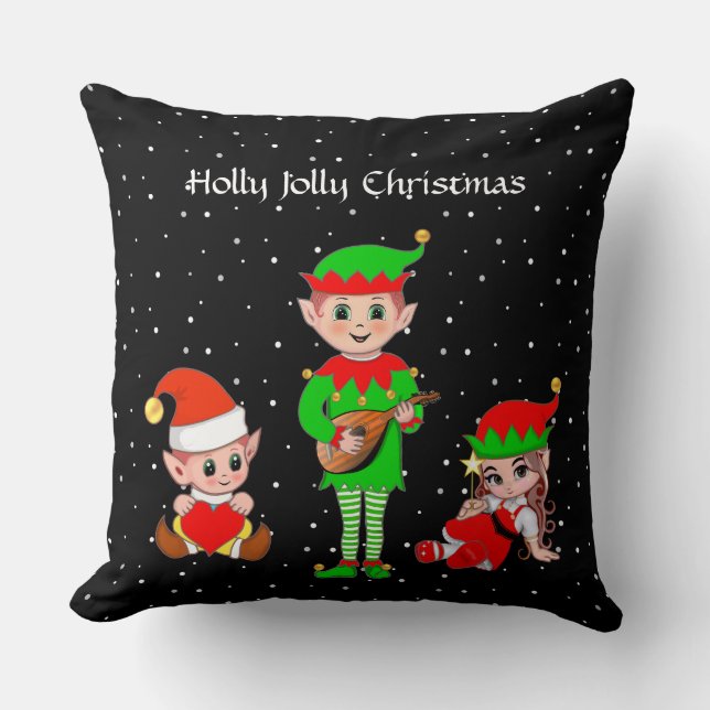 Almofada Esquadrão de Elfo de Natal Moderno em Preto (Frente)