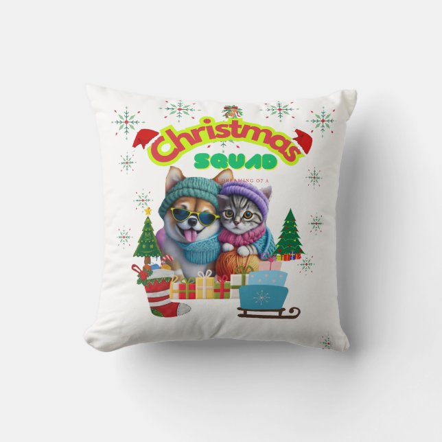 Almofada Esquadrão de Natal de cachorro e gato fofo design  (Frente)