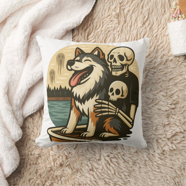 Almofada Esqueleto com Cachorro em Arte de Terror de Lago A (Cobertor)