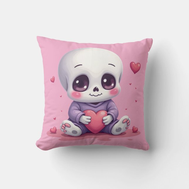 Almofada Esqueleto Kawaii Segurando Coração (Frente)