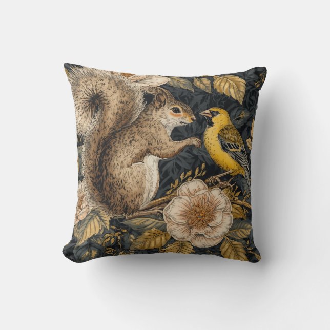 Almofada Esquilo e Canário Amarelo com Padrão de Flores (Frente)