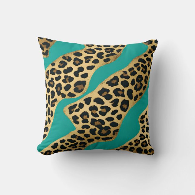 Almofada Estampa de leopardo dourado e azul turquesa (Frente)