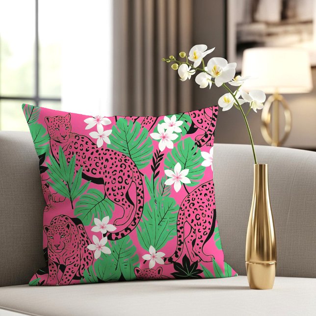 Almofada Estampa Ousada de Leopardo Rosa Vibrante na Selva  (Criador carregado)